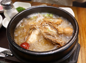 Korean food, Samgyetang (ginseng chicken soup) served in a hot bowl