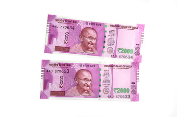 New Indian Currency of Rs.2000 isolated on white background. Published on 9 November 2016.