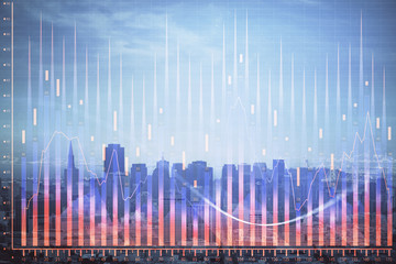 Forex graph on city view with skyscrapers background multi exposure. Financial analysis concept.