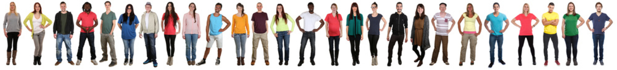 Large group of young people smiling happy multicultural multi ethnic full body standing in a row
