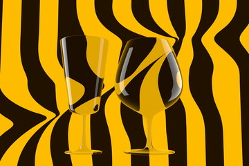 pair of empty wine glasses and wine on the stripped background. 3d illustration