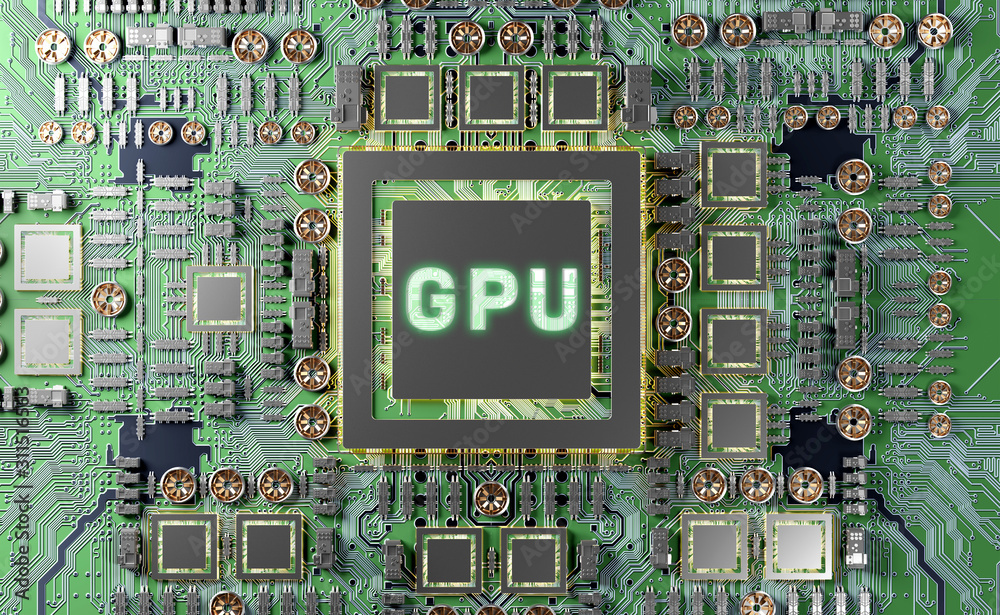 Fototapete close-up view of a modern gpu card with circuit 3d rendering