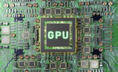 Close-up view of a modern GPU card with circuit 3D rendering