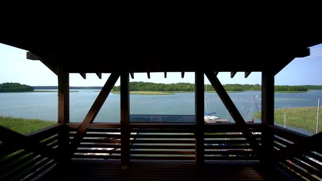 Viewing tower by lake in Polish Wigry National Park, close up toward shot