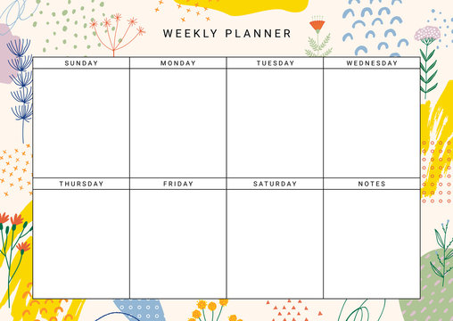 Weekly Planner Template. Stationery organizer for daily plans.  Flowers, plants and abstract elements.. Vector.