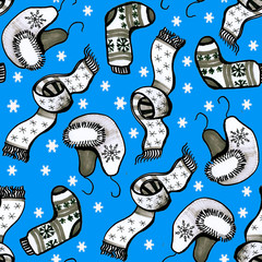 blue background seamless pattern hats scarves socks