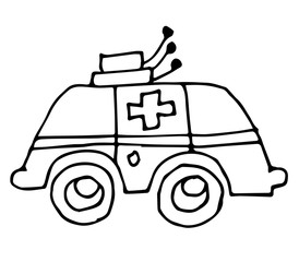 Cute car with outlined for coloring book isolated on a white background. Vector illustration of hand drawn black and white cars. Ambulance.	