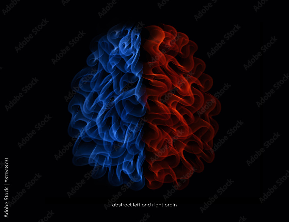 Aufkleber abstract brain left and right with fluid light red and blue color isolated on black background in co