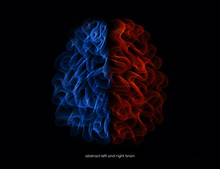 Abstract brain left and right with fluid light red and blue color isolated on black background in concept of science, technology.