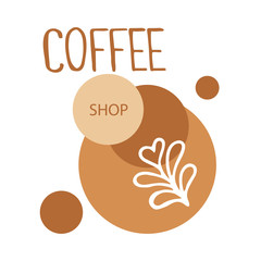 Hand drawn layout of logo with coffee lettering and coffee foam design. In doodle style, brown and white outline on round caramel color background. Cute template for coffee shop. Vector illustration