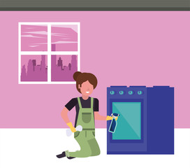housekepping woman worker with splash bottle
