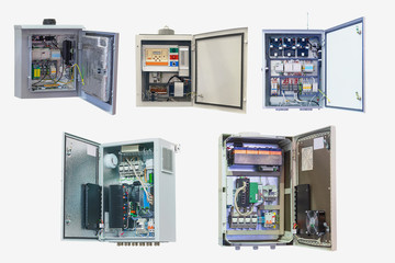 five electrical control Cabinet with an open door isolated on a white background