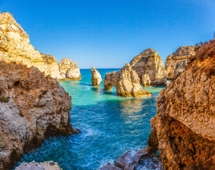Panoramic view on cliffy Algarve coast in Portugal in summer