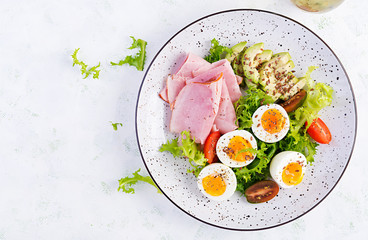 Ketogenic/paleo diet. Boiled eggs, ham, avocado and fresh salad.  Keto breakfast. Brunch.  Top...