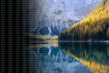 Digital composite of binary code creating alpine mountain lake landscape. Artificail intellect creates landscape - Powered by Adobe