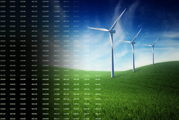 Digital composite of binary code creating landscape with wind turbines at the spring field