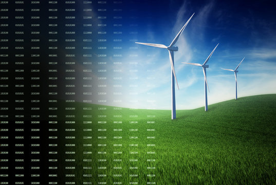 Digital composite of binary code creating landscape with wind turbines at the spring field - Powered by Adobe