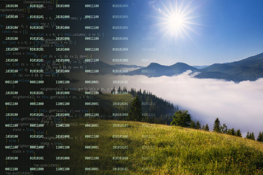 Digital composite of binary code creating alpine mountain landscape. Artificail intellect creates landscape