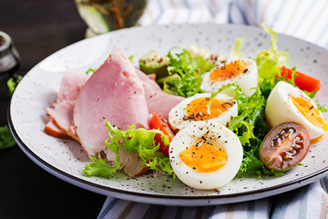 Ketogenic/paleo diet. Boiled eggs, ham, avocado and fresh salad.  Keto breakfast. Brunch.