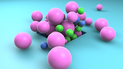 3D rendering of many colored balls randomly flying out of a square hole on a blue surface. Abstract composition, nice design for Wallpapers, desktop screensavers. Idea for geometric compositions.