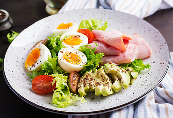 Ketogenic/paleo diet. Boiled eggs, ham, avocado and fresh salad.  Keto breakfast. Brunch.