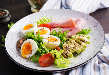 Ketogenic/paleo diet. Boiled eggs, ham, avocado and fresh salad.  Keto breakfast. Brunch.