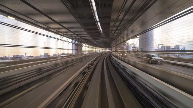 Time lapse of train motion in modern city. Abstract 4k resolution time lapse