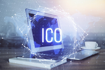 Multi exposure of blockchain theme hologram and table with computer background. Concept of bitcoin...