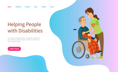 Helping people with disabilities, volunteer caring to senior, retired character sitting in wheelchair, pensioner and assistant, healthcare vector. Website or slider app, landing page flat style