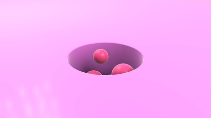 3D rendering of pink surface and perfectly round, cylindrical shape, hole. Many spheres fly out to the surface. Abstract, futuristic Wallpaper and screensaver for your computer desktop and smartphone.