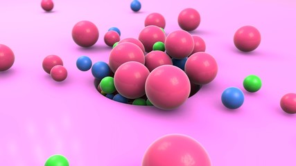 3D rendering of many colored balls flying out of a round hole on the surface. Abstract composition, nice design for Wallpapers, desktop screensavers. Idea for geometric compositions.
