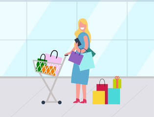 Blonde woman with supermarket trolley full of packages with purchases. Happy smiling woman holding colorful shopping bags in mall buying things vector