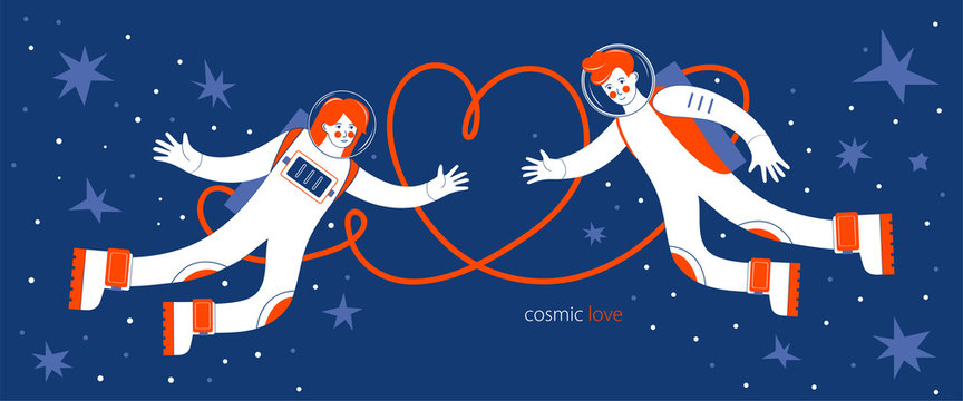 Horizontal banner for websites, landing pages and cards for Valentine s day. Astronauts fly in outer space among the stars. Man and woman on the background of a red heart. Cosmic love. Flat vector.