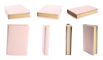 Set of pink cover books on white background