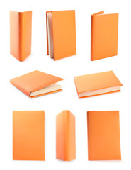 Set of orange cover books on white background