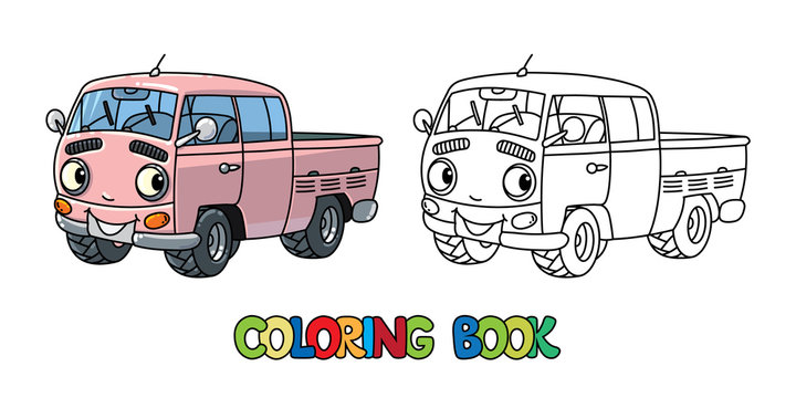Funny small retro pickup car or van coloring book
