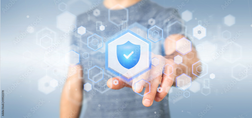 Poster man holding a shield web security concept 3d rendering