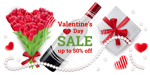 Valentine's Day sale. Discount up to 50% off. Vector illustration with a realistic bouquet of tulips, a bottle of wine, a gift, hearts and pearls 3D on a white background. Design for brochures, banner