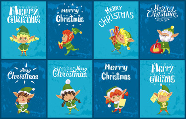 Merry christmas greeting cards set. Collection of calligraphic inscriptions with elves xmas creatures and santa claus helpers with presents. Children with bag of sweets. Vector in flat style