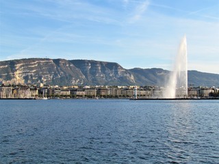 Geneva, Switzerland - October 18th 2019: a Beautiful autumn day in Lake Leman in Geneva. The Lake is surrounded by beautiful mountain that makes the sailing even more spectacular for the many sailors