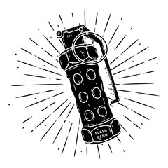 Flash Grenade. Hand drawn vector illustration with a grenade and divergent rays. Used for poster, banner, web, t-shirt print, bag print, badges, flyer, logo design and more.