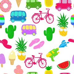  vector illustration pattern summer elements, machine, bike, ice cream, glasses, hat, slippers, airbed