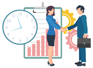 Fototapeta na wymiar Business people cooperation and time management, vector man and woman shaking hands on background of clipboard with charts, rotating cogwheels, good deal