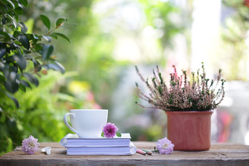 White coffee cup and pink Chrysanthemums flower with heathers plant on wooden table at outdoor