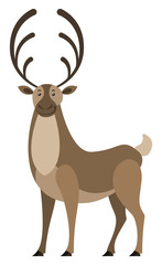 Deer with big horns, isolated wild animal. Doe with furry coat living in forest. Stag standing still. Brown woodland creature, fauna of woods. Elk or moose mammal design. Vector in flat style