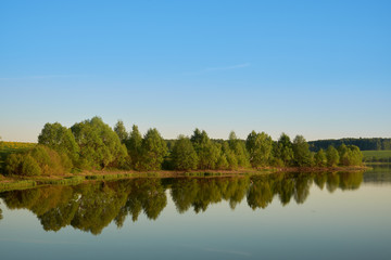 calm expanse of pond water on a bright sunny day with trees with green leaves on the opposite bank.