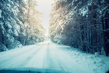 The road in the forest is covered with snow. Winter nature background Snowy forest. Pine trees covered in snow. Winter nature Christmas background
