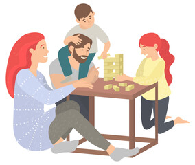 Mother and father with kids at home vector, isolated family playing board game jenga. Fun time of parents and children, parenting and childhood people