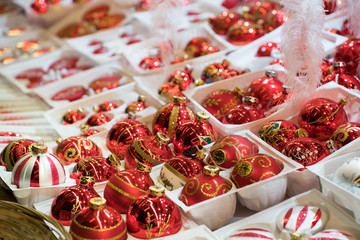 close up view of beautiful Christmas ornaments and red glass baubles