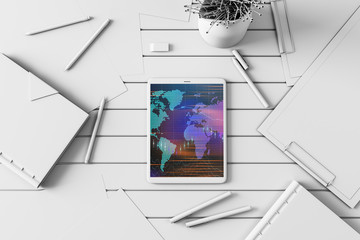 Digital tablet closeup top view with financial graph and partial world map on screen. Online international trading application concept. 3d rendering.